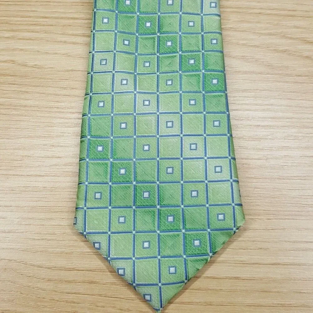 PERRY ELLIS Mens Neck Tie Green Satin Geo Tile Square Gradient Ombre Classic